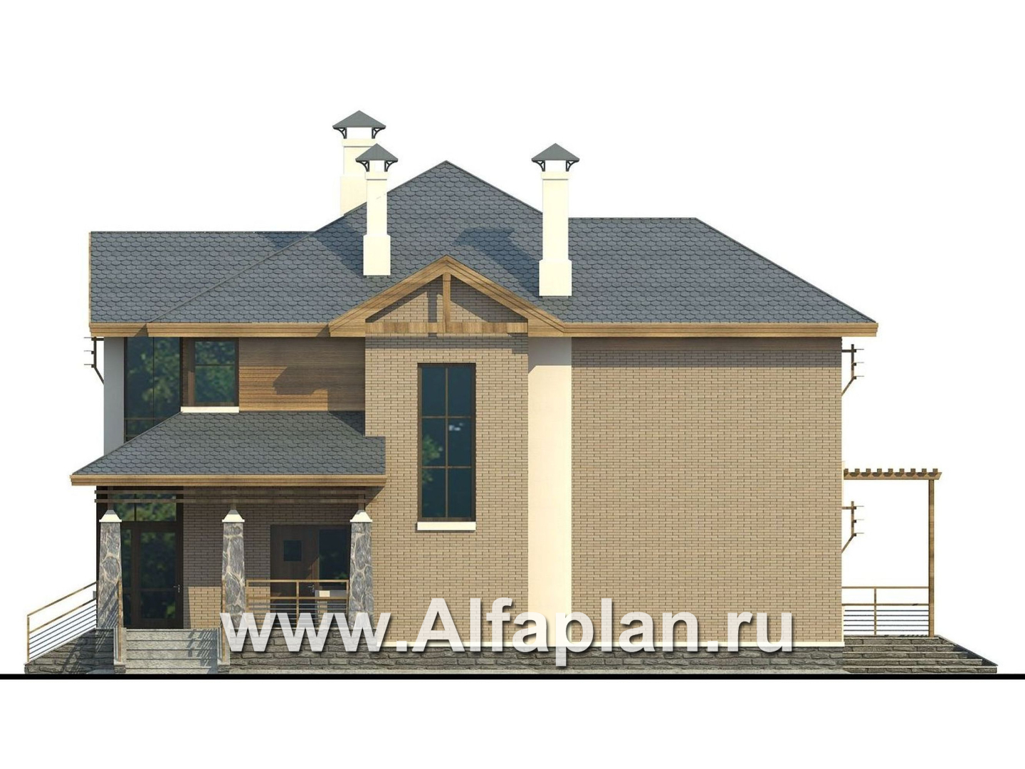 «Вектор» - проект двухэтажного дома из газобетона, с кабинетом, с террасой и с панорамными окнами - фасад дома