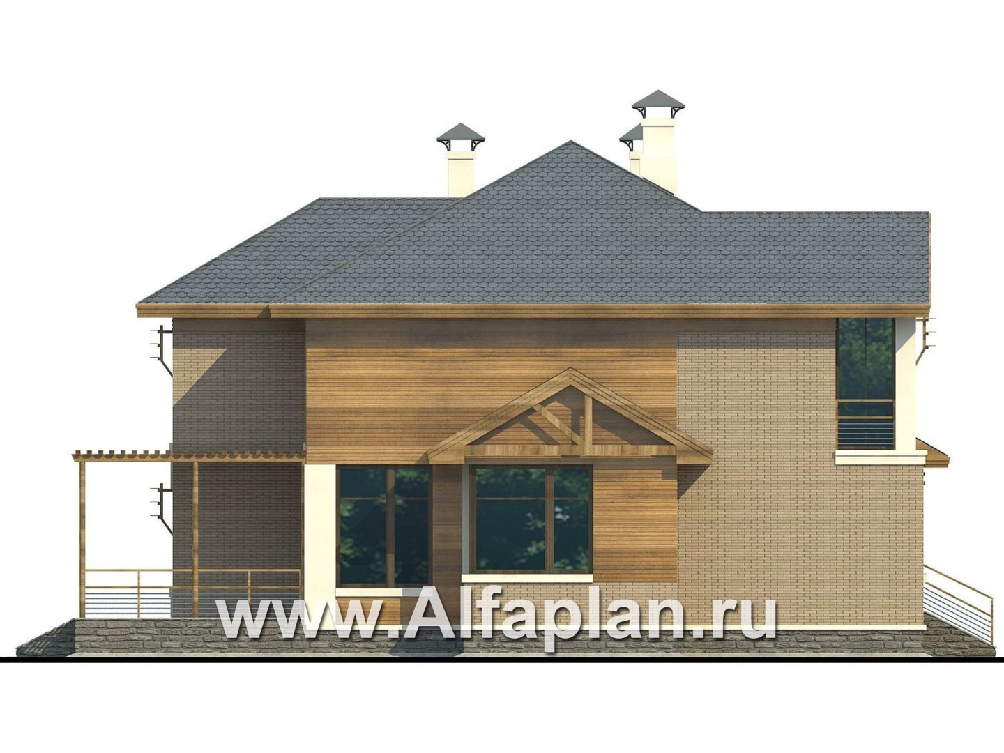«Вектор» - проект двухэтажного дома из газобетона, с кабинетом, с террасой и с панорамными окнами - фасад дома