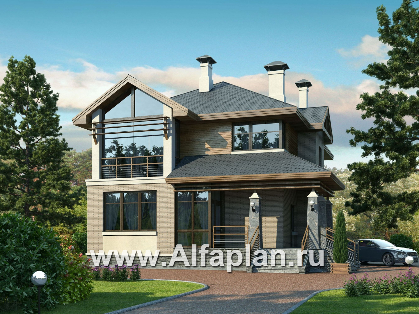 «Вектор» - проект двухэтажного дома из газобетона, с кабинетом, с террасой и с панорамными окнами - дизайн дома №1