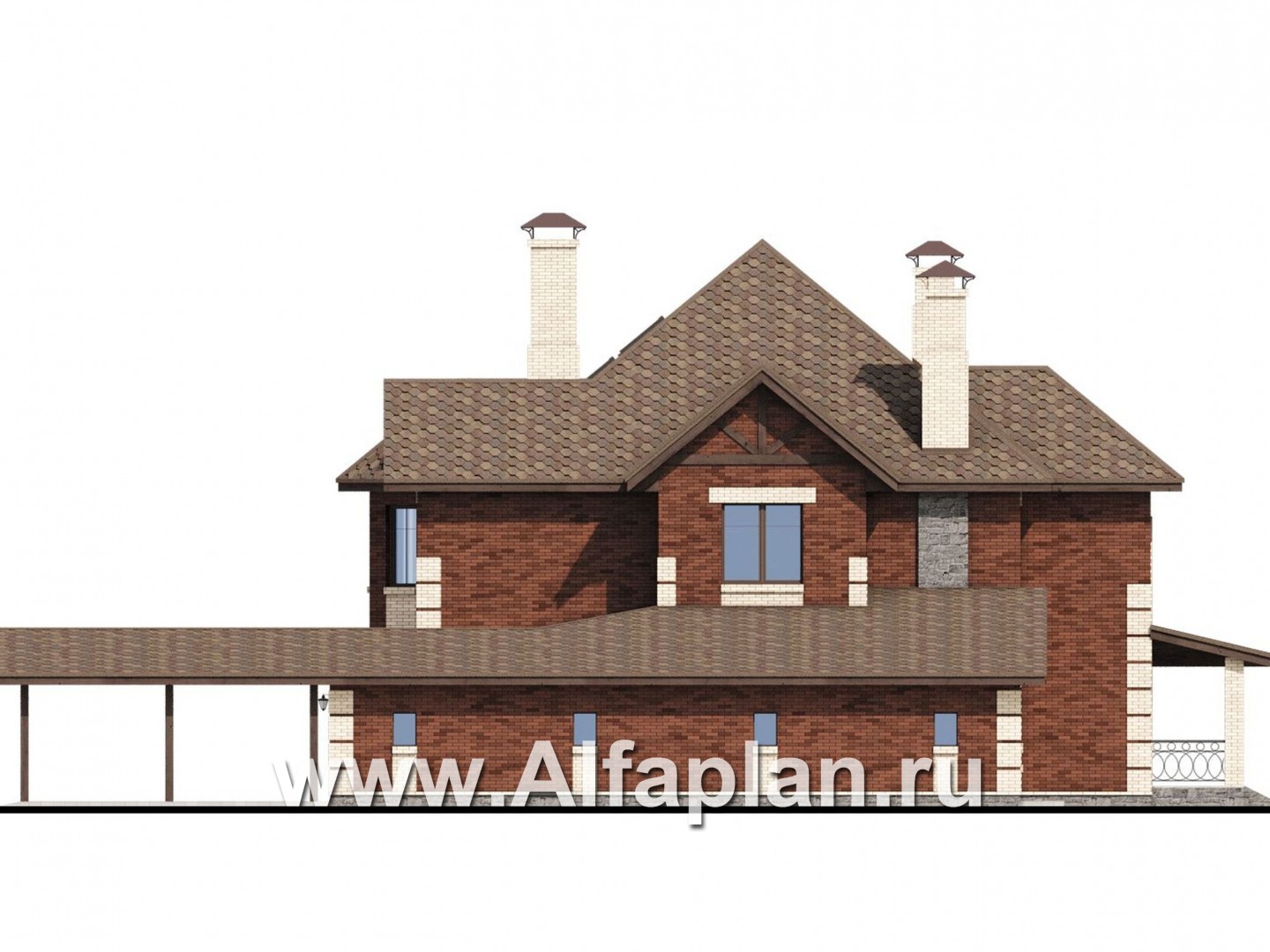 «Воронцов» - проект двухэтажного дома из газобетона с эркером, с биллиардной,  фасад из кирпичей, с гаражом и навесом на 4 авто - фасад дома