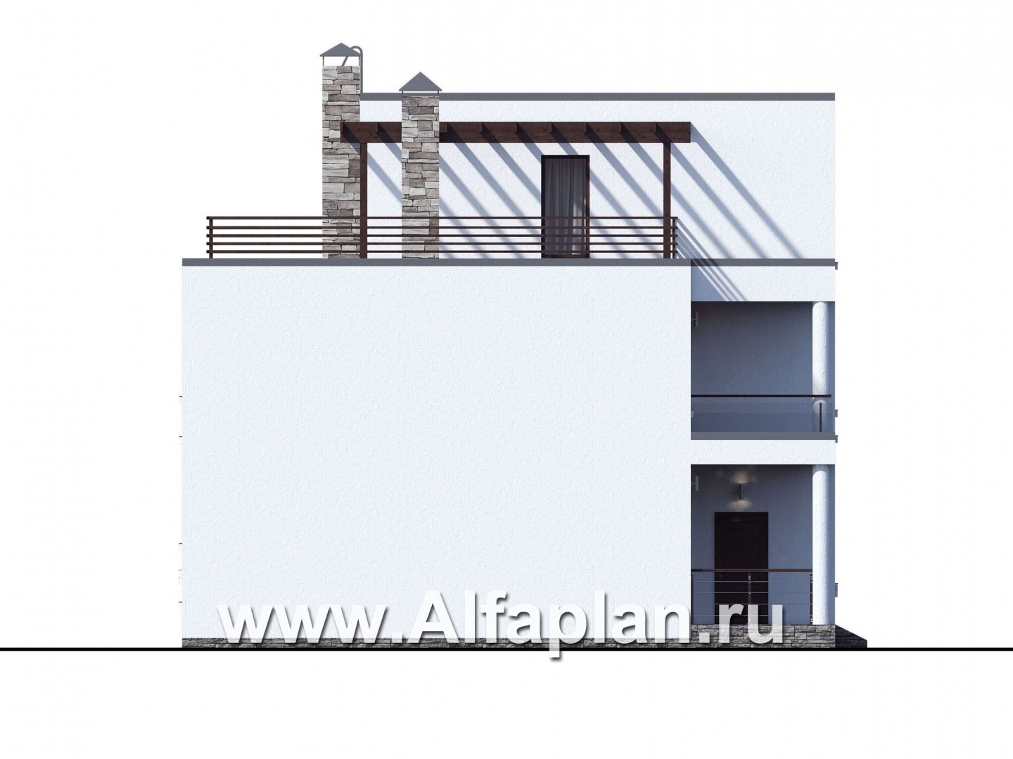 «Гоген» - проект двухэтажного дома, дуплекс из газобетона, с террасой, стиль баухаус с эксплуатируемой кровлей - фасад дома