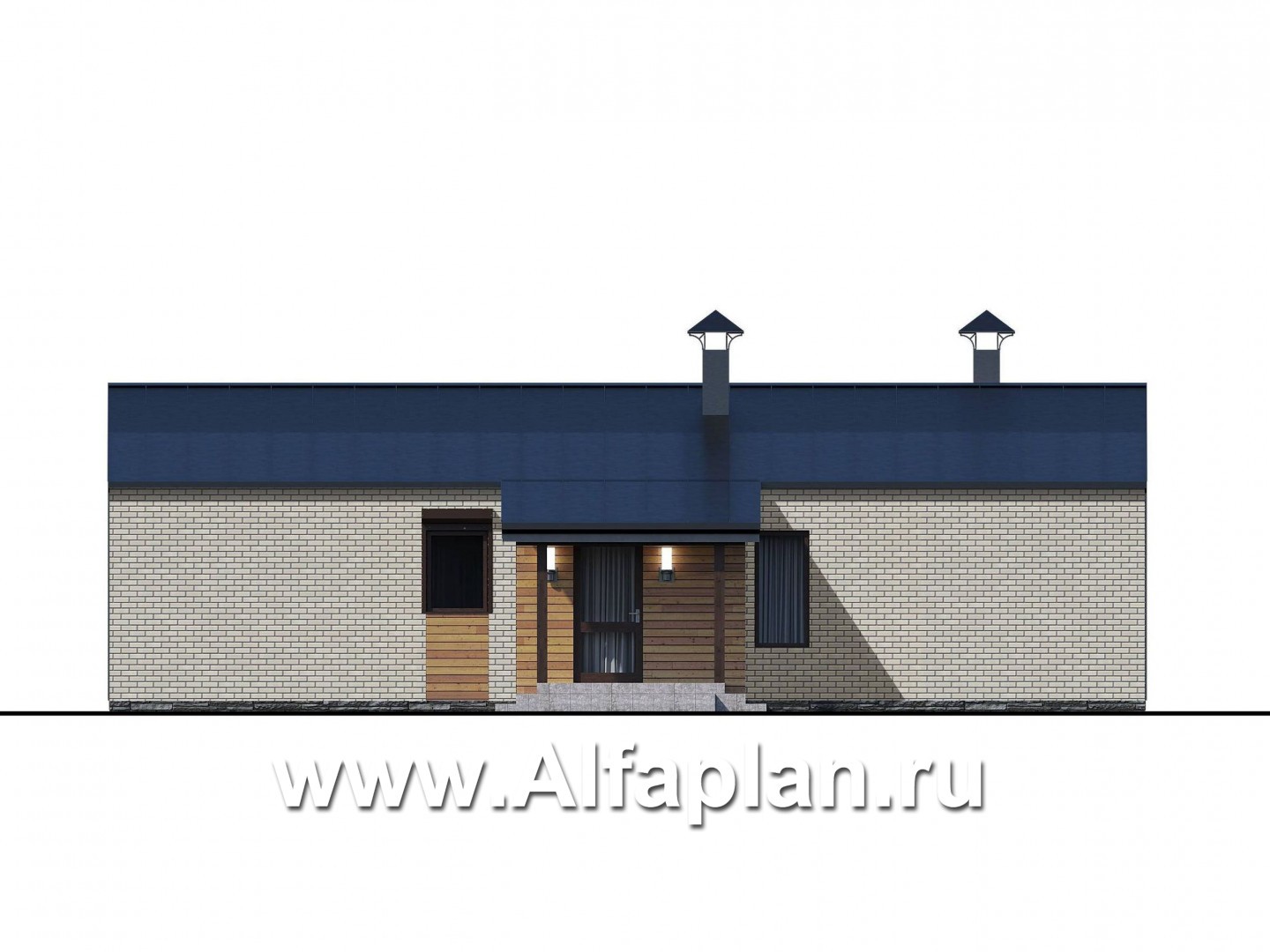 «Йота» -  проект одноэтажного домав стиле барн, с террасой сбоку, 3 спальни увеличены - фасад дома