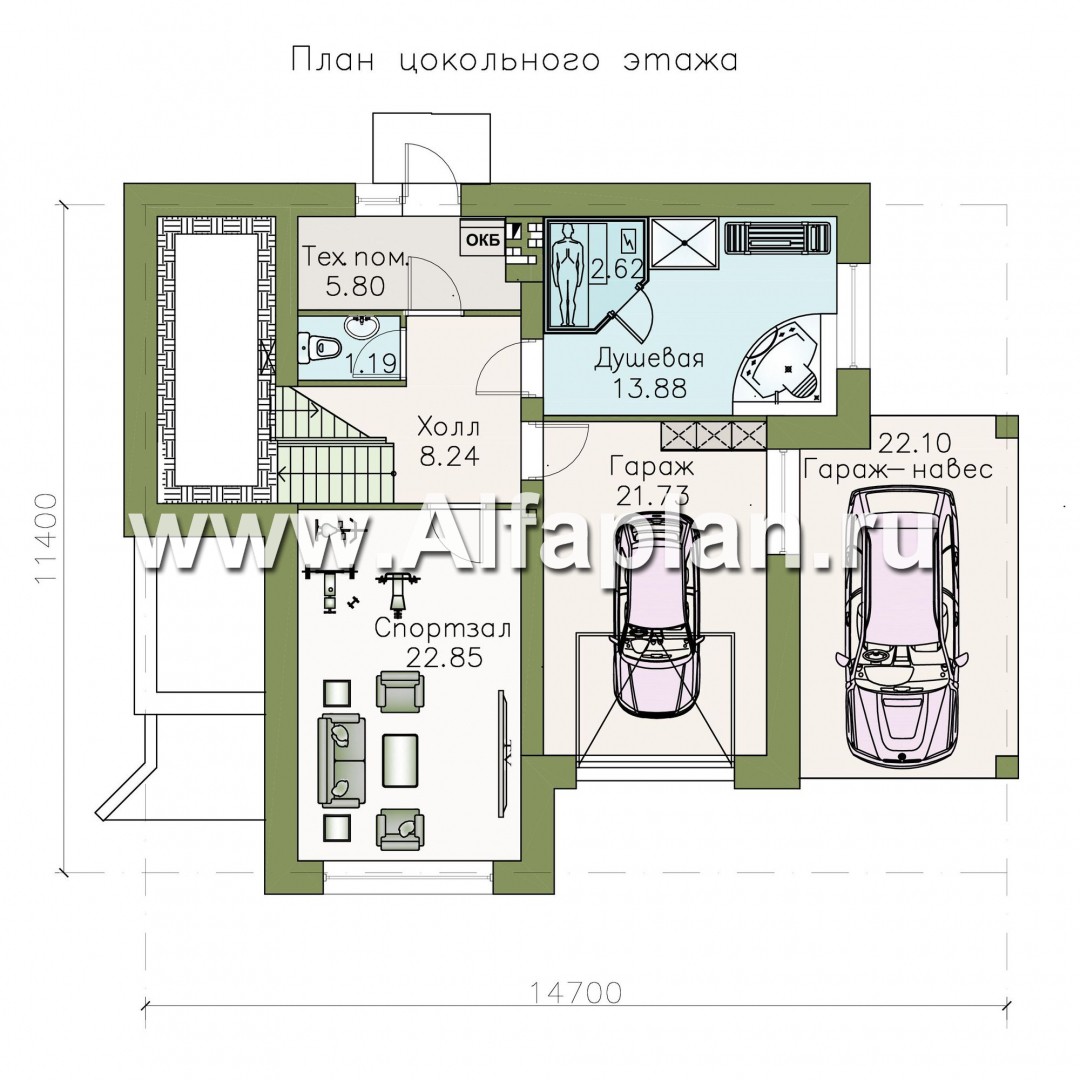 Проект трехэтажного дома из газобетона «Аура», с гаражом в цоколе, с сауной и спортзалом, в современном стиле - план дома