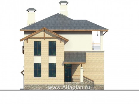 Проект трехэтажного дома из газобетона «Аура», с гаражом в цоколе, с сауной и спортзалом, в современном стиле - превью фасада дома