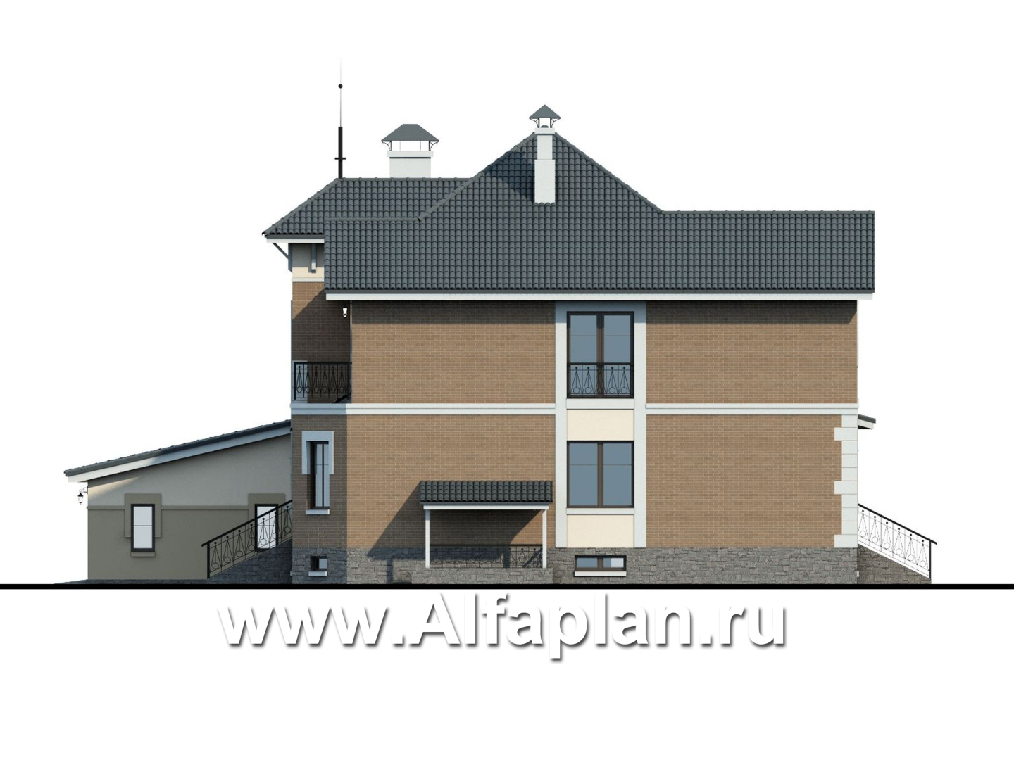 «Феникс» - проект двухэтажного дома, с эркером и с террасой, планировка с гаражом на 2 авто и с цокольным этажом - фасад дома