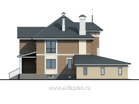 «Феникс» - проект двухэтажного дома, с эркером и с террасой, планировка с гаражом на 2 авто и с цокольным этажом - превью фасада дома