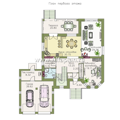 «Феникс» - проект двухэтажного дома, с эркером и с террасой, планировка с гаражом на 2 авто и с цокольным этажом - превью план дома