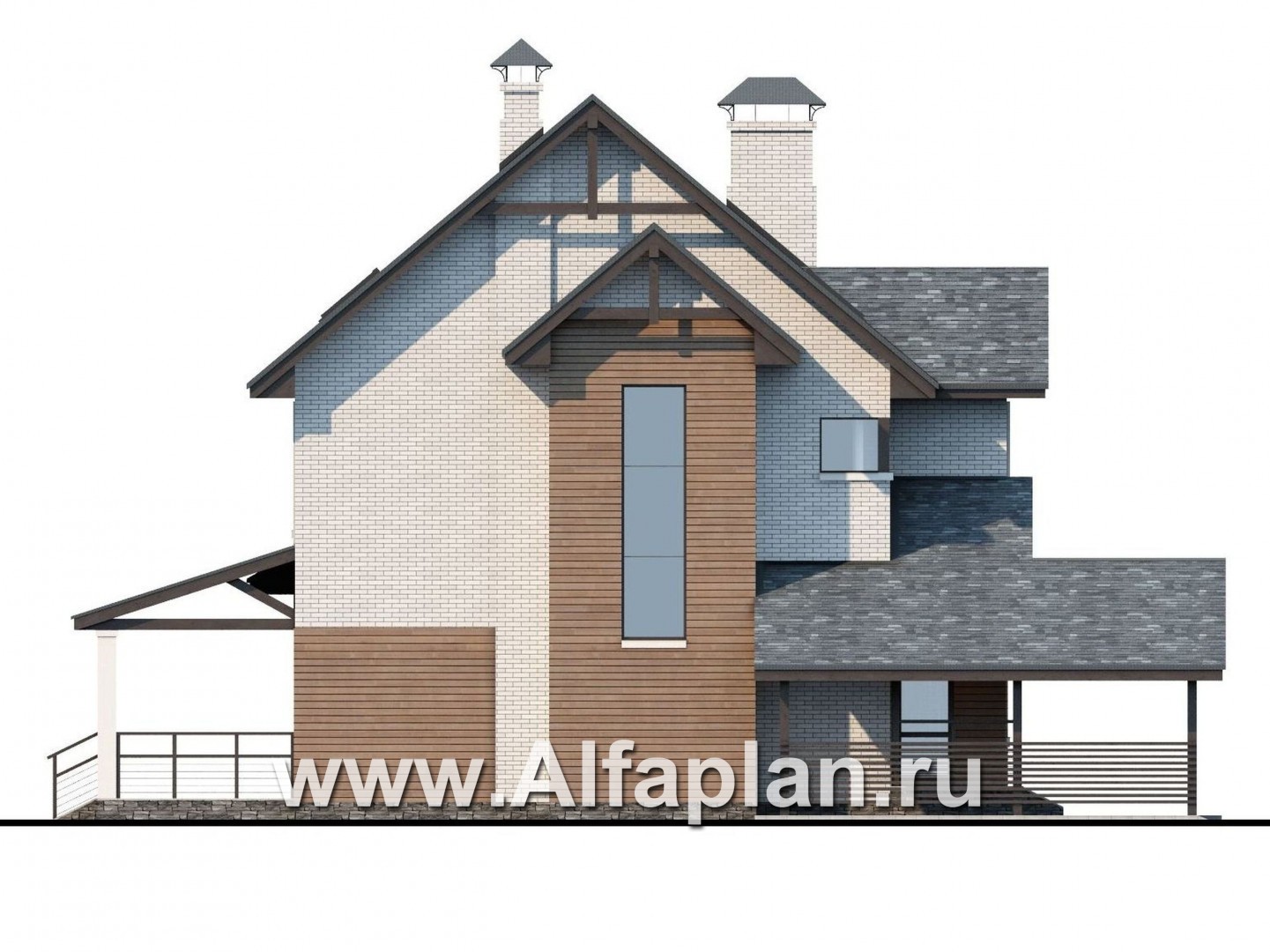 «Прагматика» -  проект двухэтажного дома с мансардой из блоков, с террасой и бильярдной, в современном стиле - фасад дома
