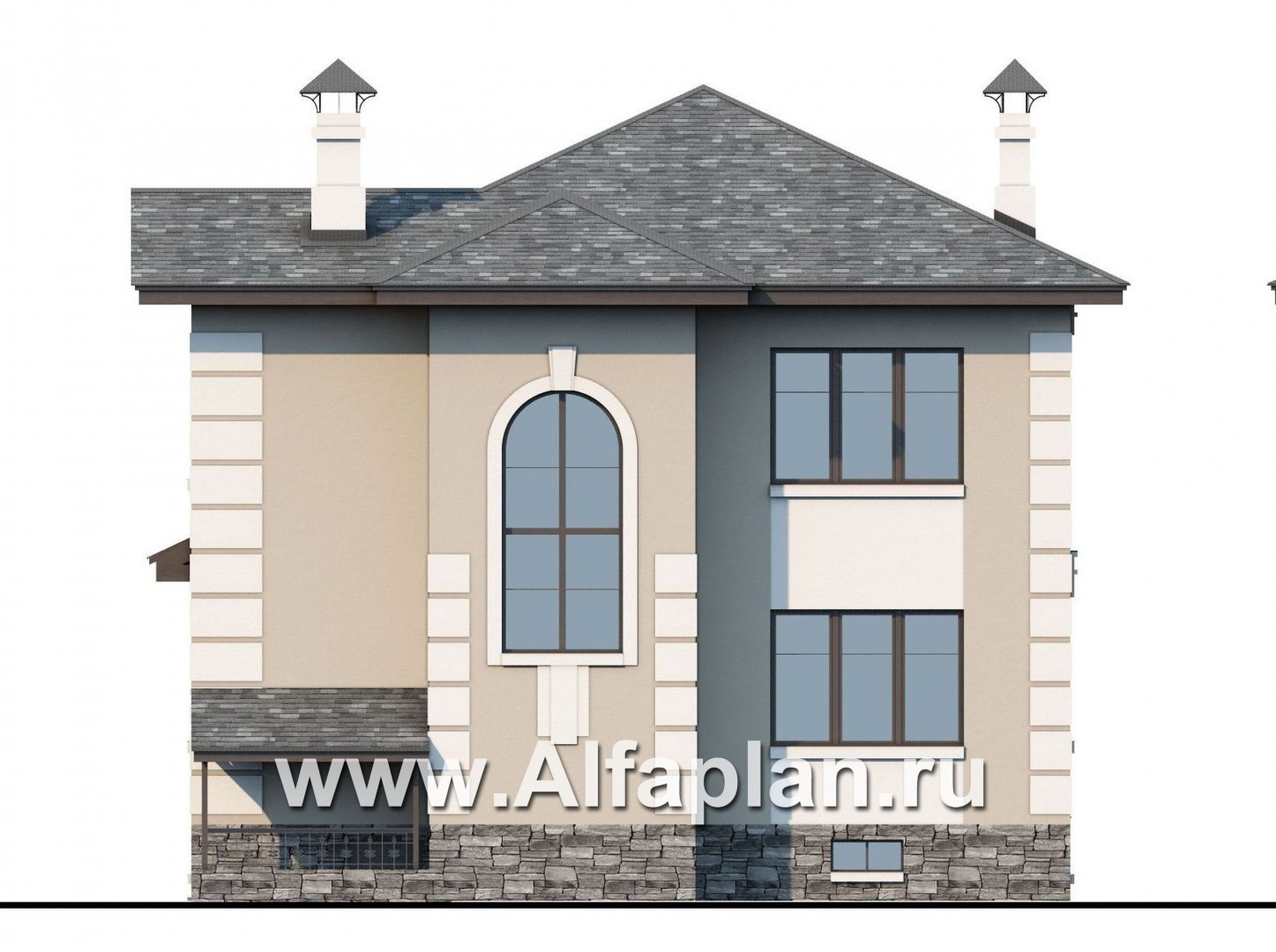 «Знаменка плюс» - проект двухэтажного дома из газобетона, планировка с эркером и с террасой, с цокольным этажом - фасад дома