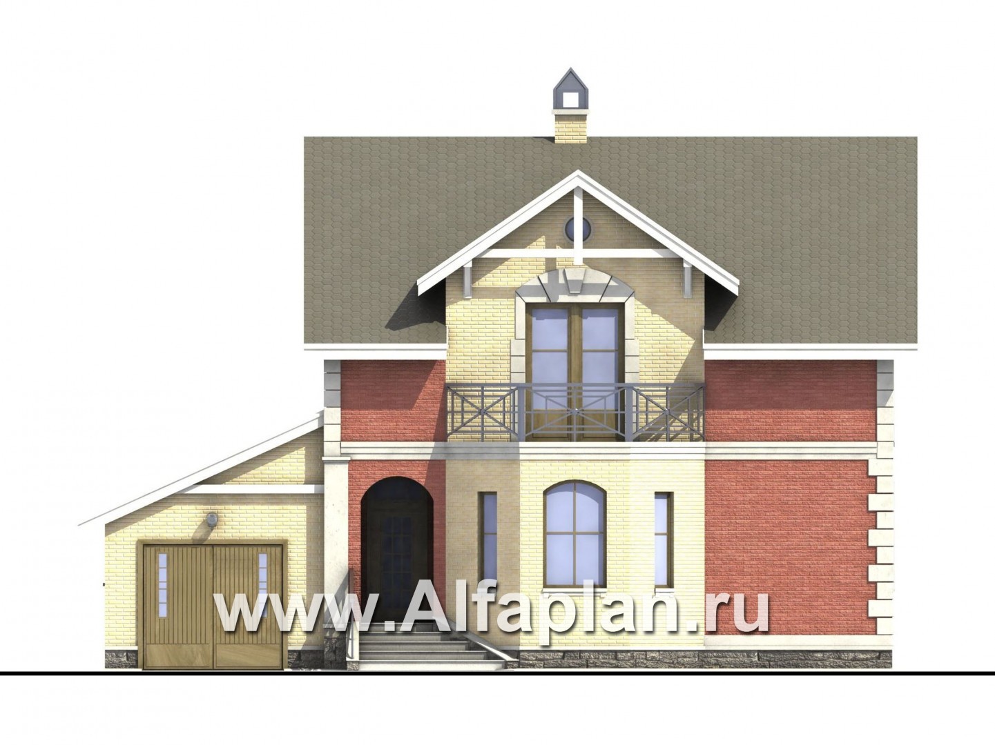 «Метц» - проект дома с мансардой, с эркером и с террасой, в английском стиле - фасад дома
