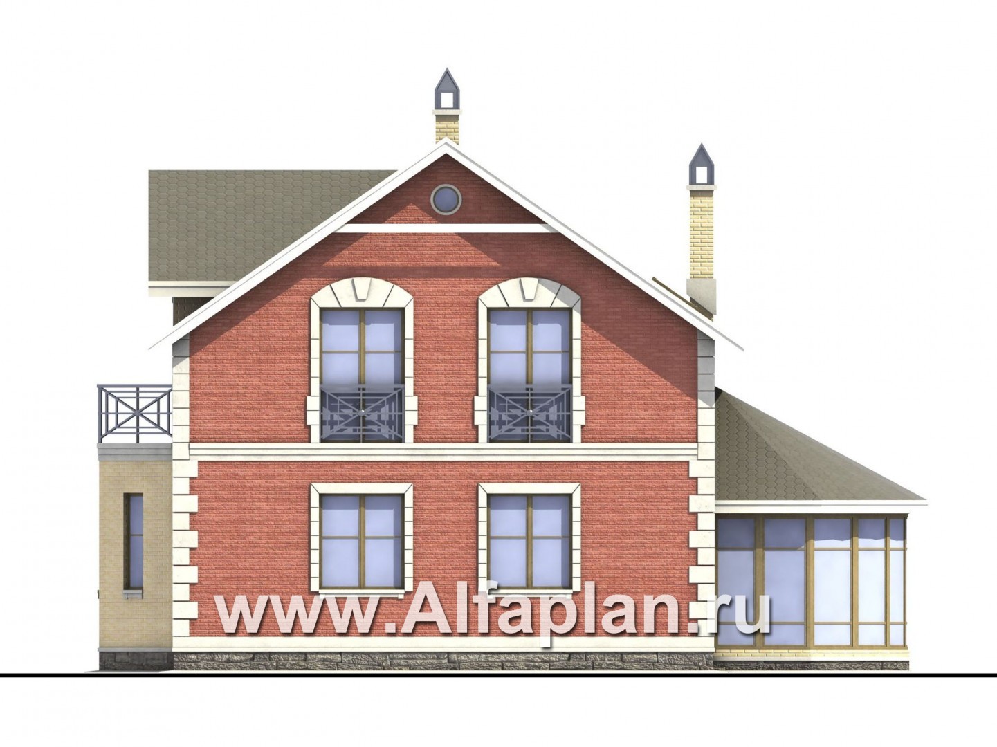 «Метц» - проект дома с мансардой, с эркером и с террасой, в английском стиле - фасад дома