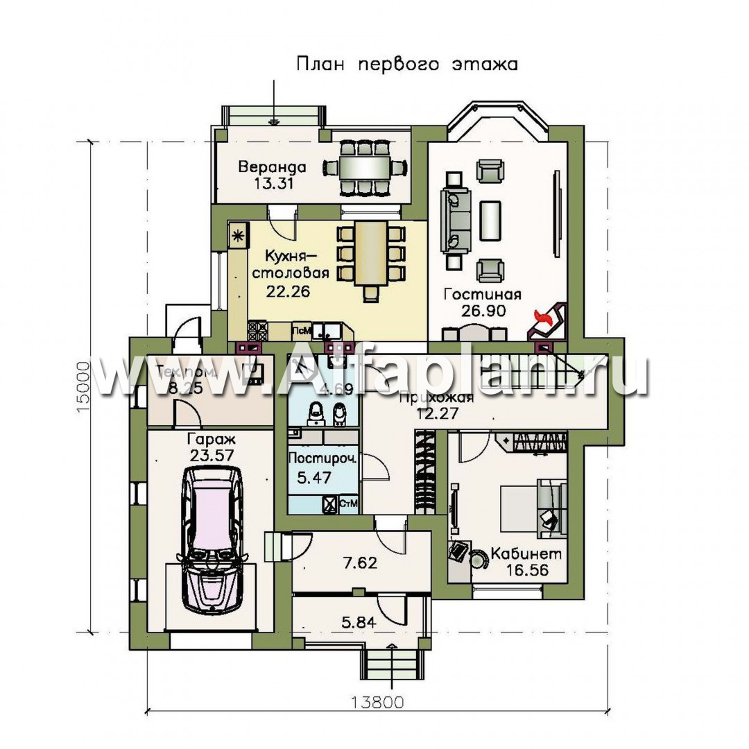 «Белоостров» - проект двухэтажного дома, планировка с кабинетом на 1 эт, с террасой и с гаражом на 1 авто - план дома