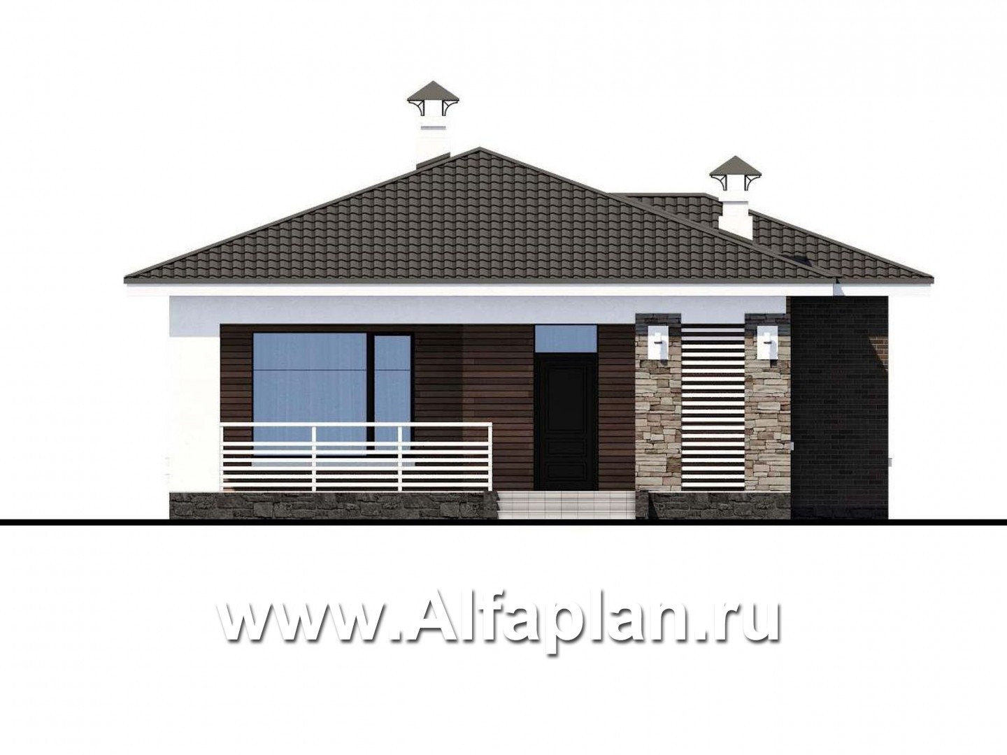 «Гестия» - проект одноэтажного дома, с большой террасой со стороны входа, в современном стиле - фасад дома