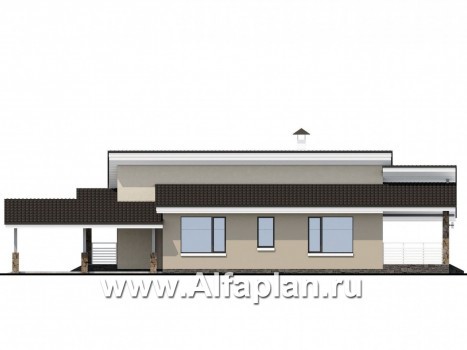 «Дриада» - проект одноэтажного дома, с террасой, с навесом на 1 авто, в современном стиле - превью фасада дома