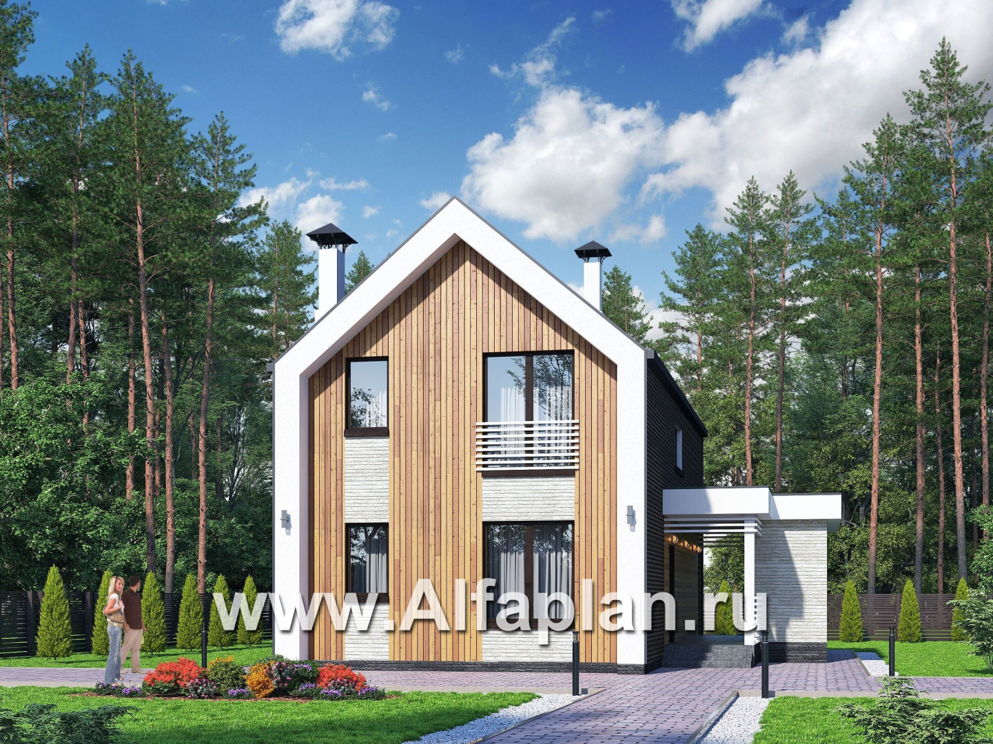 «Барн» - проект дома с мансардой, современный стиль барнхаус, с сауной, с террасой - дизайн дома №1