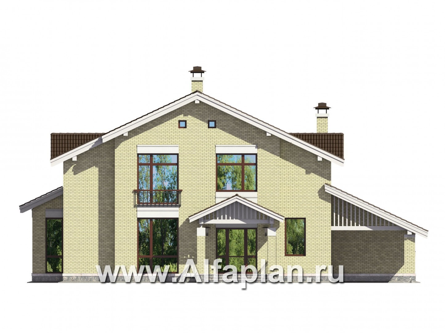 Проект двухэтажного дома из кирпича, с террасой и навесом на 1 авто - фасад дома