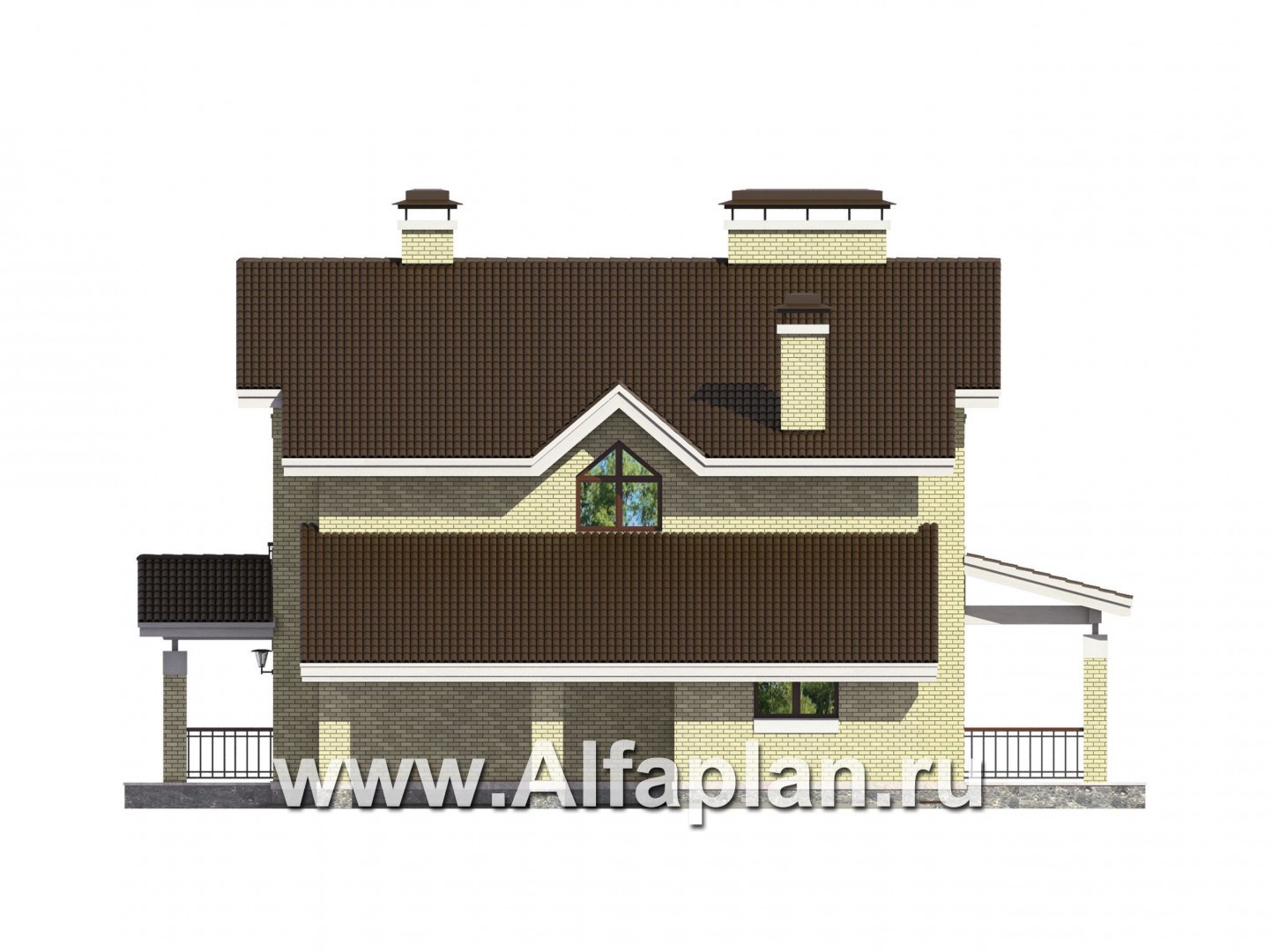 Проект двухэтажного дома из кирпича, с террасой и навесом на 1 авто - фасад дома