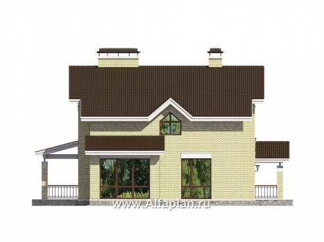 Проект двухэтажного дома из кирпича, с террасой и навесом на 1 авто - превью фасада дома