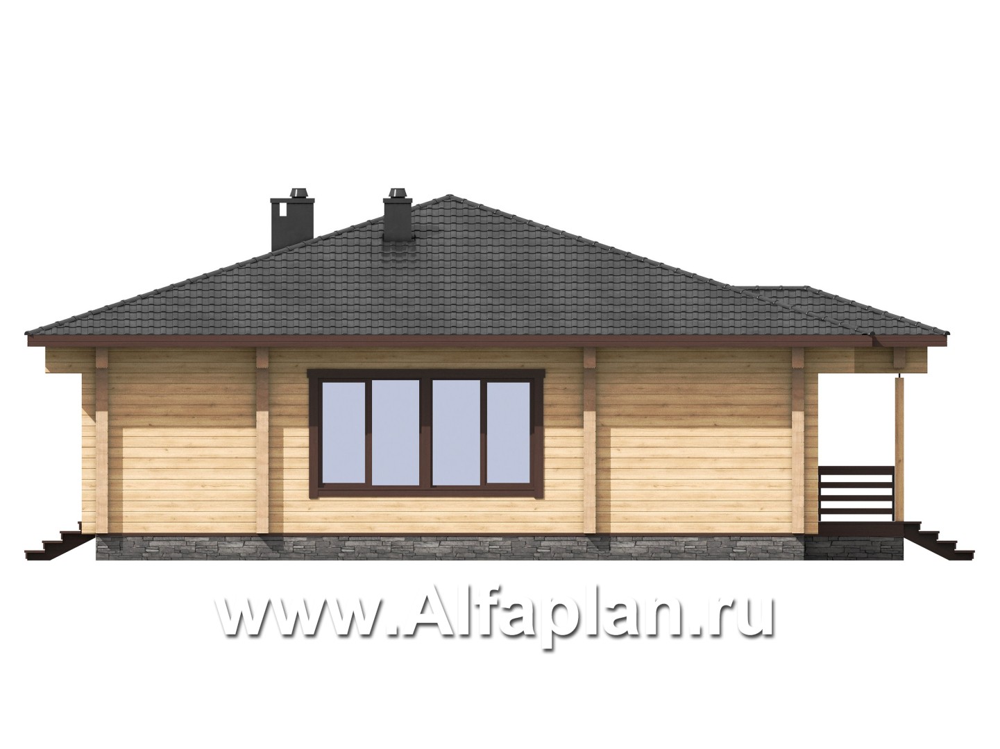 Проект одноэтажного дома из бруса, 3 спальни, дача с террасой, коттедж для отдыха - фасад дома