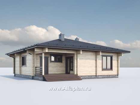 Проект одноэтажного дома из бруса, 3 спальни, дача с террасой, коттедж для отдыха - превью дополнительного изображения №2