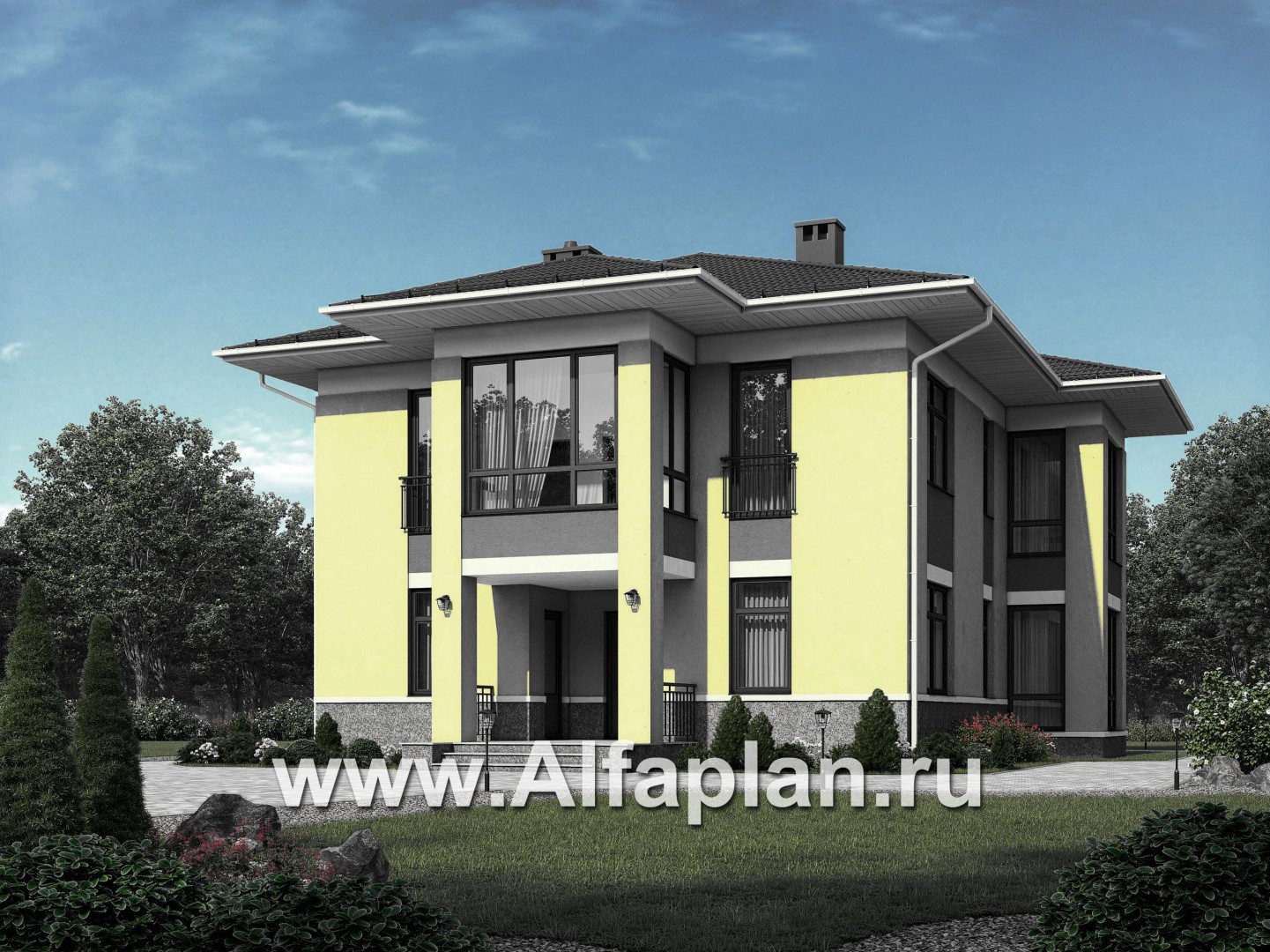 Проект двухэтажного дома, планировка со  спальней на 1 эт, с террасой и с эркером - основное изображение