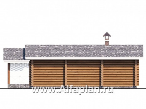 Проект бани, из дерева, из бревен, с террасой, с гостевой спальней, вдоль границы участка - превью фасада дома