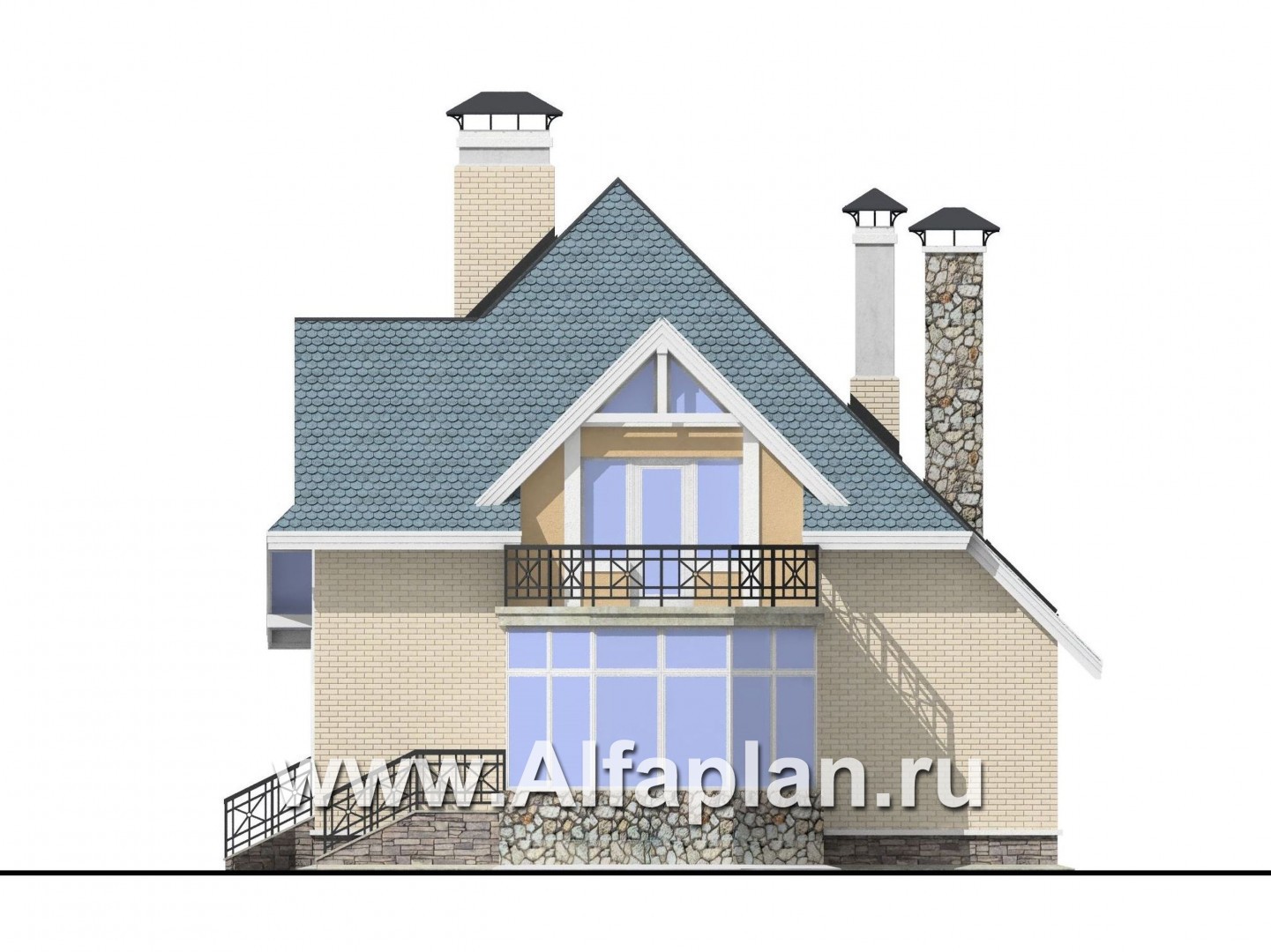«Уютная гавань» - проект дома с мансардой, из кирпича, планировка с террасой - фасад дома