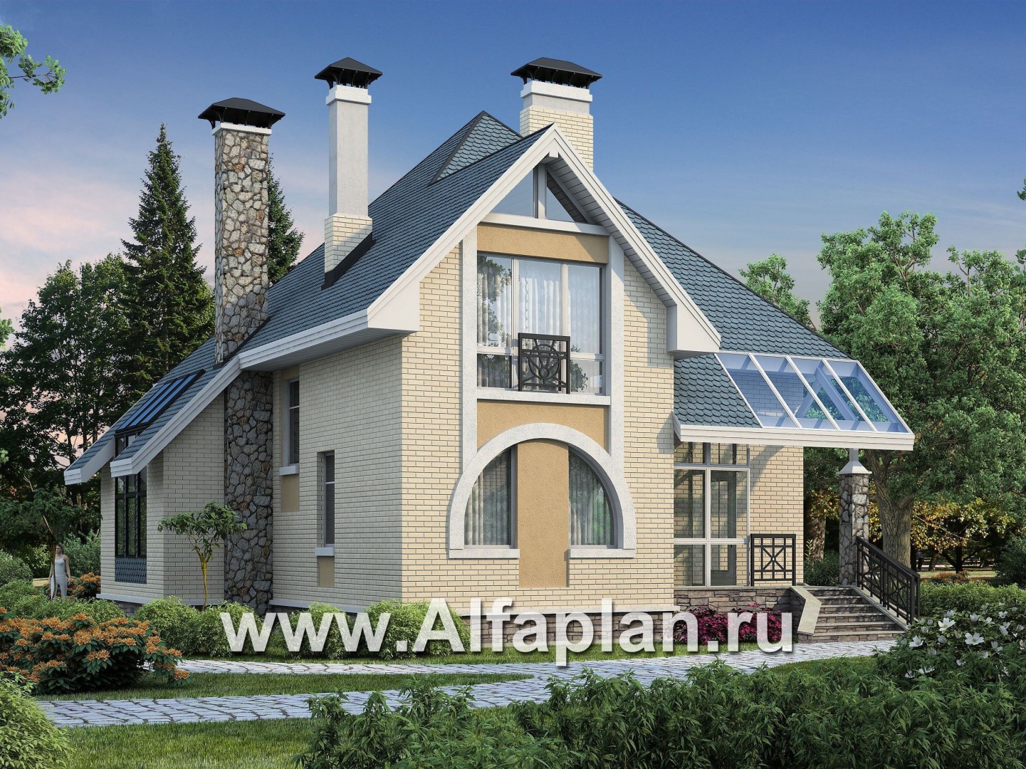«Уютная гавань» - проект дома с мансардой, из кирпича, планировка с террасой - основное изображение