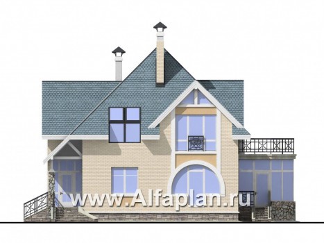 «Уютная гавань» - проект дома с мансардой, из кирпича, планировка с террасой - превью фасада дома