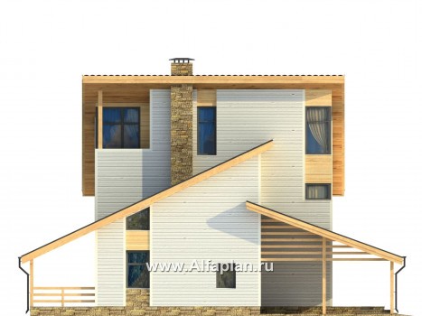 Проект каркасного двухэтажного дома с мансардой, план со спальней на 1 эт и с террасой, навес на 1 авто, в современном стиле - превью фасада дома