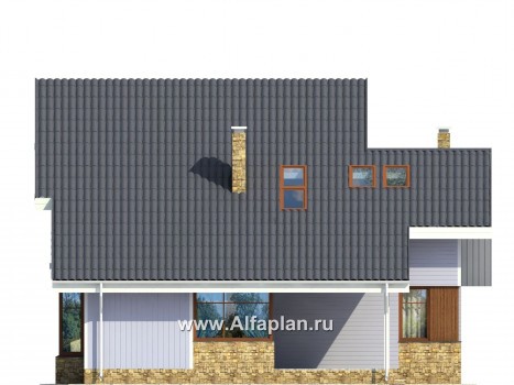 Проект каркасного дома с мансардой, планировка со вторым светом в гостиной, с террасой и с кабинетом, в стиле минимализм - превью фасада дома
