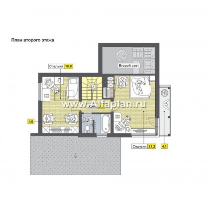 Проект каркасного дома с мансардой, планировка со вторым светом в гостиной, с террасой и с кабинетом, в стиле минимализм - превью план дома