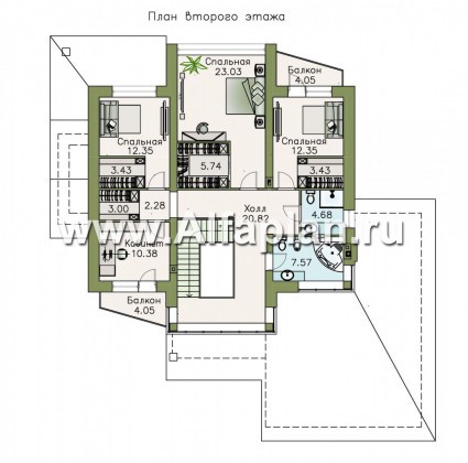 «Аутентик» - проект двухэтажного дома, с террасой и балконом, планировка с лестницей в центре, с нарадом на 2 авто - превью план дома
