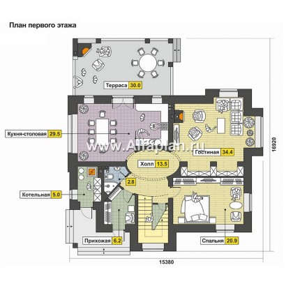 Проект двухэтажного дома, планировка с гостевой на 1 эт и с террасой с барбекю, коттедж с овальным холлом - превью план дома