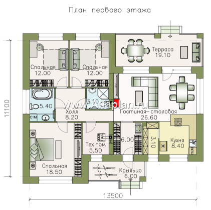 «Вуокса» - проект одноэтажного дома из кирпича, с комфортной планировкой, с террасой - превью план дома