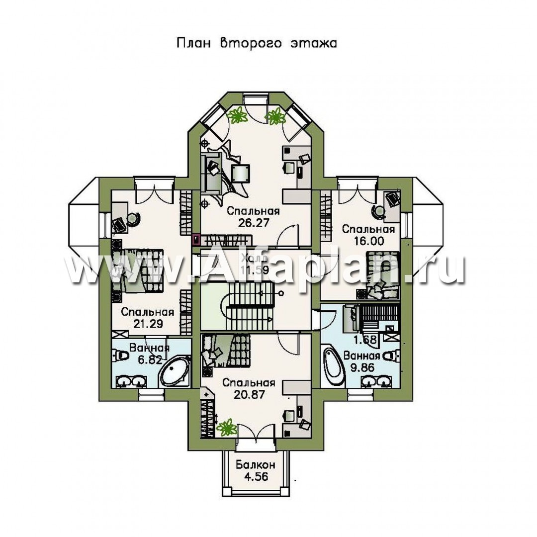 «Ноблесса»  - проект дома с мансардой, с террасой, планировка с лестницей в центре, в стиле «Петровское барокко» - план дома