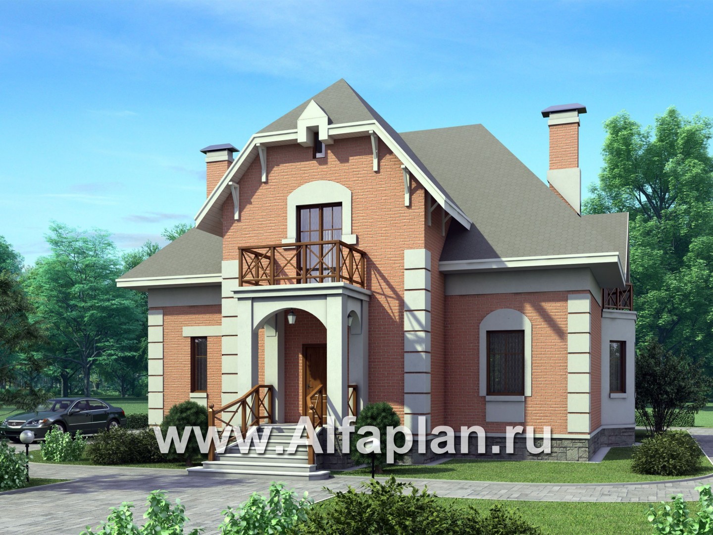 «Ноблесса»  - проект дома с мансардой, с террасой, планировка с лестницей в центре, в стиле «Петровское барокко» - основное изображение
