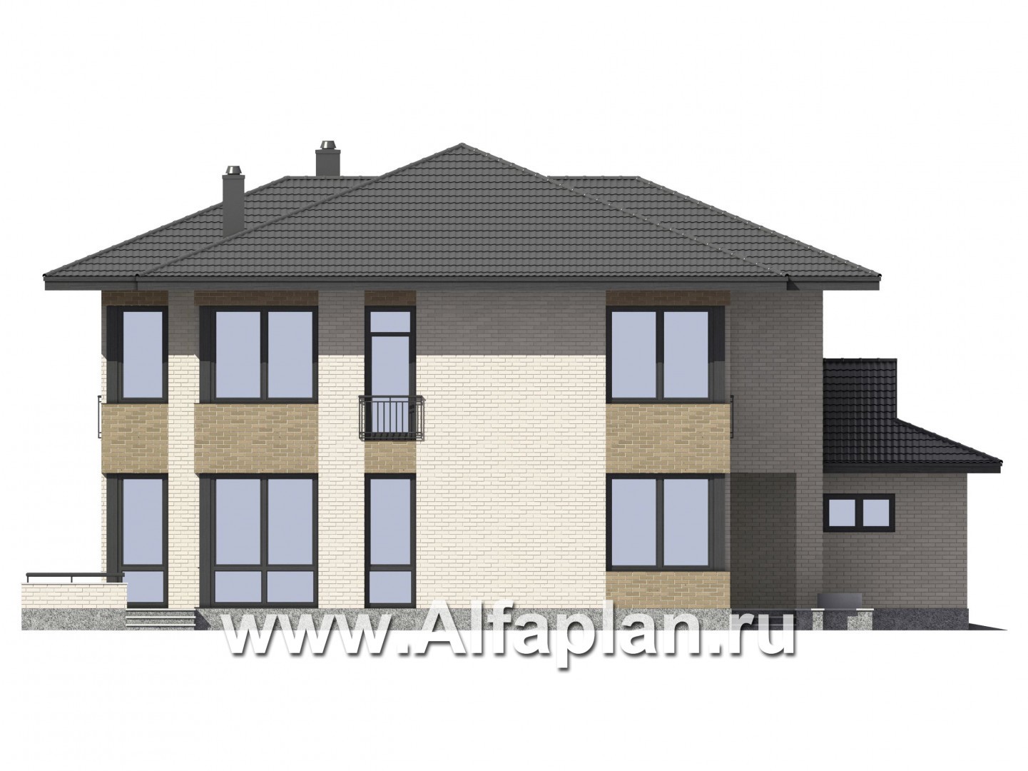 Проект двухэтажного дома, планировка с кабинетом и с гаражом на 2 авто, с террасой, в современном стиле - фасад дома