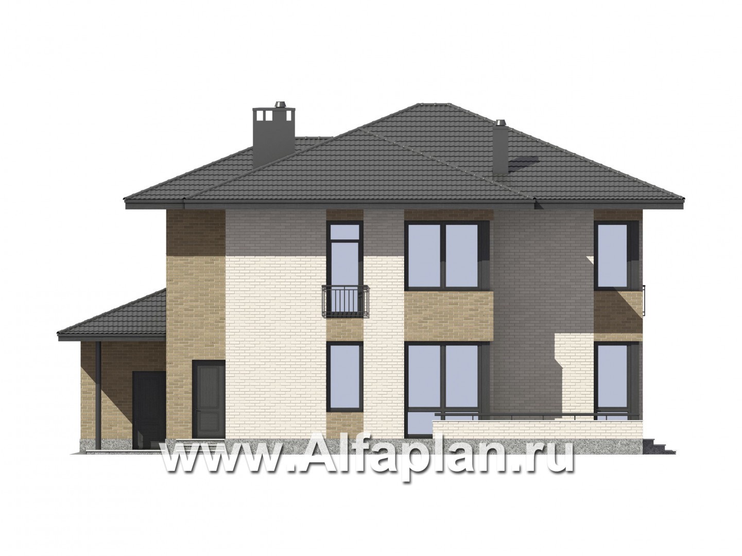Проект двухэтажного дома, планировка с кабинетом и с гаражом на 2 авто, с террасой, в современном стиле - фасад дома