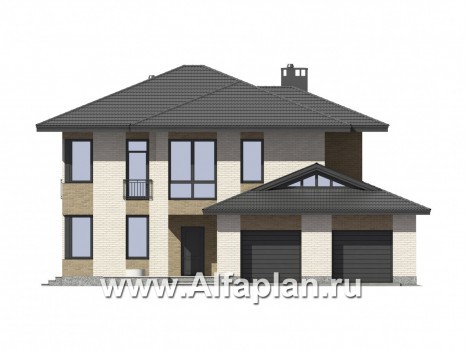 Проект двухэтажного дома, планировка с кабинетом и с гаражом на 2 авто, с террасой, в современном стиле - превью фасада дома
