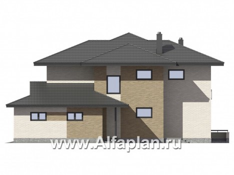 Проект двухэтажного дома, планировка с кабинетом и с гаражом на 2 авто, с террасой, в современном стиле - превью фасада дома