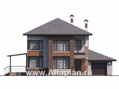 «Печора» - проект двухэтажного дома, в современном стиле, с сауной и с террасой, с гаражом - превью фасада дома