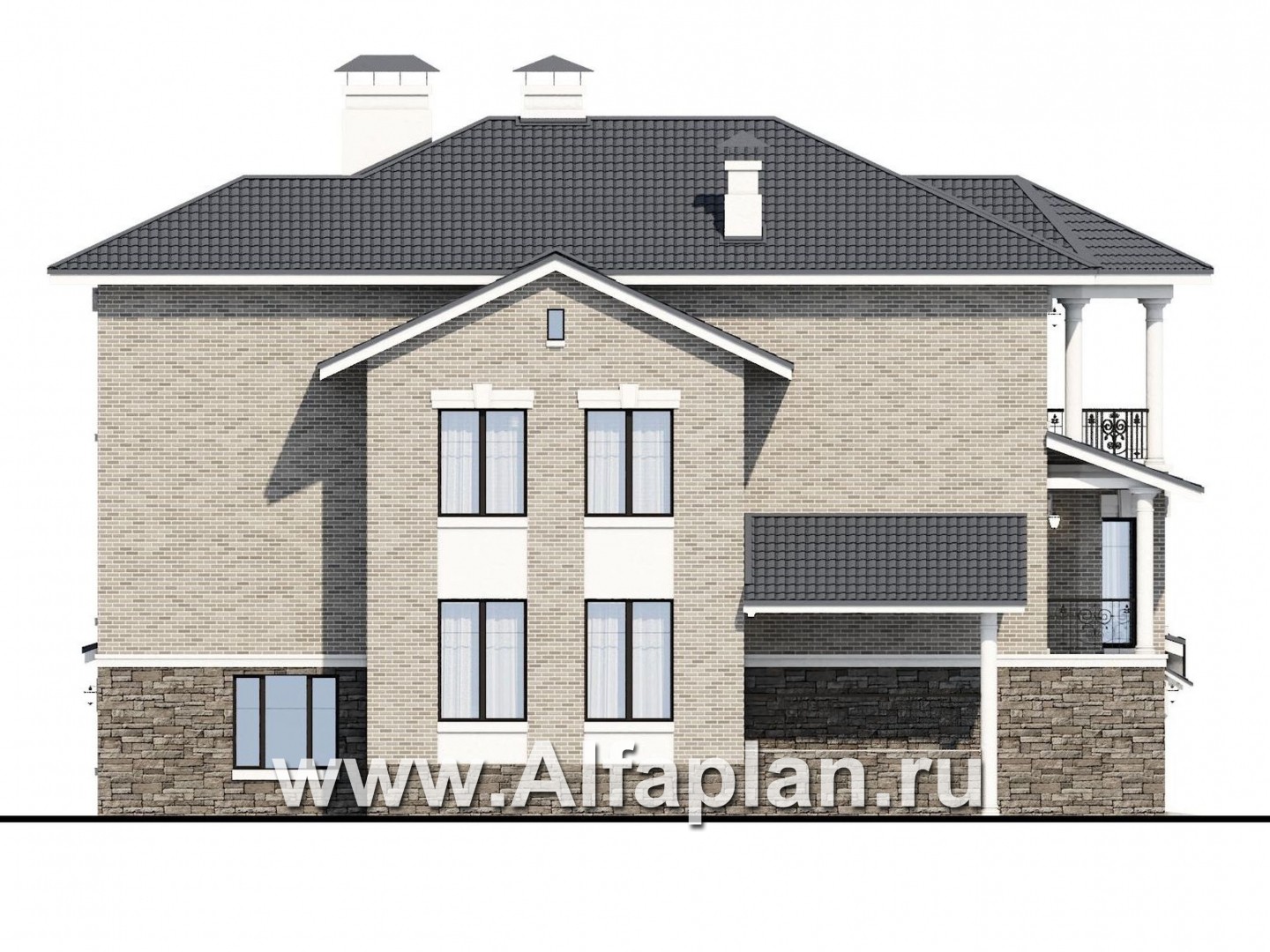 «Нева» - проект эксклюзивного трехэтажного домаиз кирпича, с террасой и с эркером и балконом, с квартирой для персонала - фасад дома