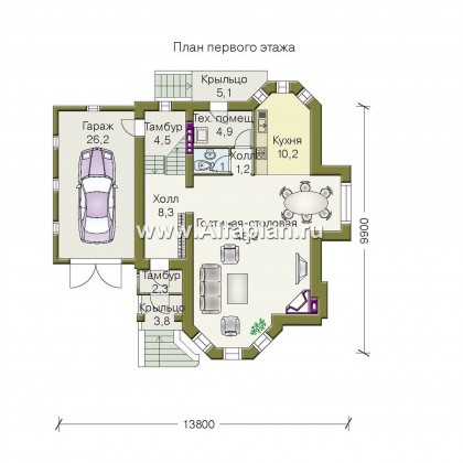 «Фортуна» - проект двухэтажного дома из газобетона, с эркером, и с гаражом, для узкого участка - превью план дома