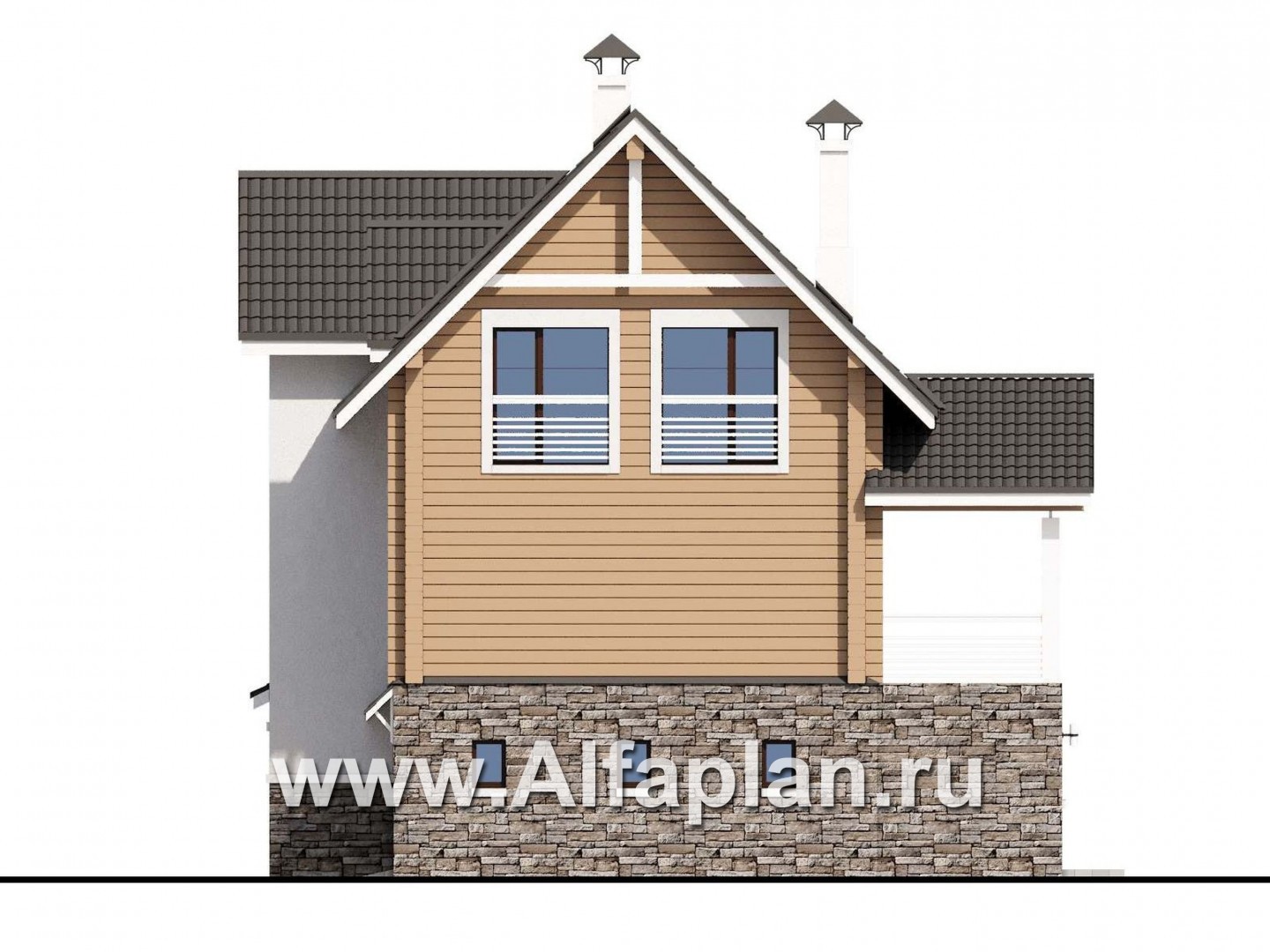 «АльфаВУД» - проект дома с мансардой, из дерева, на цоколе из кирпича, с сауной и с гаражом - фасад дома
