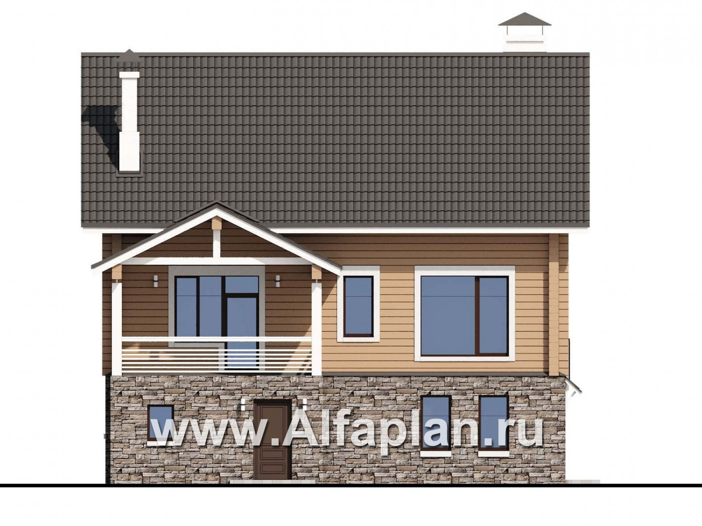 «АльфаВУД» - проект дома с мансардой, из дерева, на цоколе из кирпича, с сауной и с гаражом - фасад дома