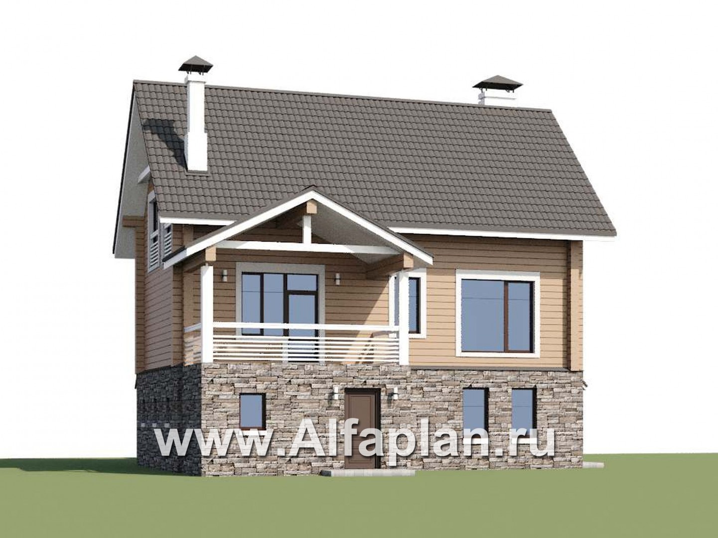 «АльфаВУД» - проект дома с мансардой, из дерева, на цоколе из кирпича, с сауной и с гаражом - дизайн дома №1