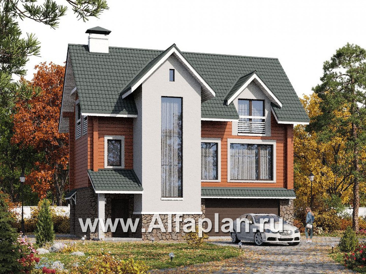 «АльфаВУД» - проект дома с мансардой, из дерева, на цоколе из кирпича, с сауной и с гаражом - дизайн дома №2