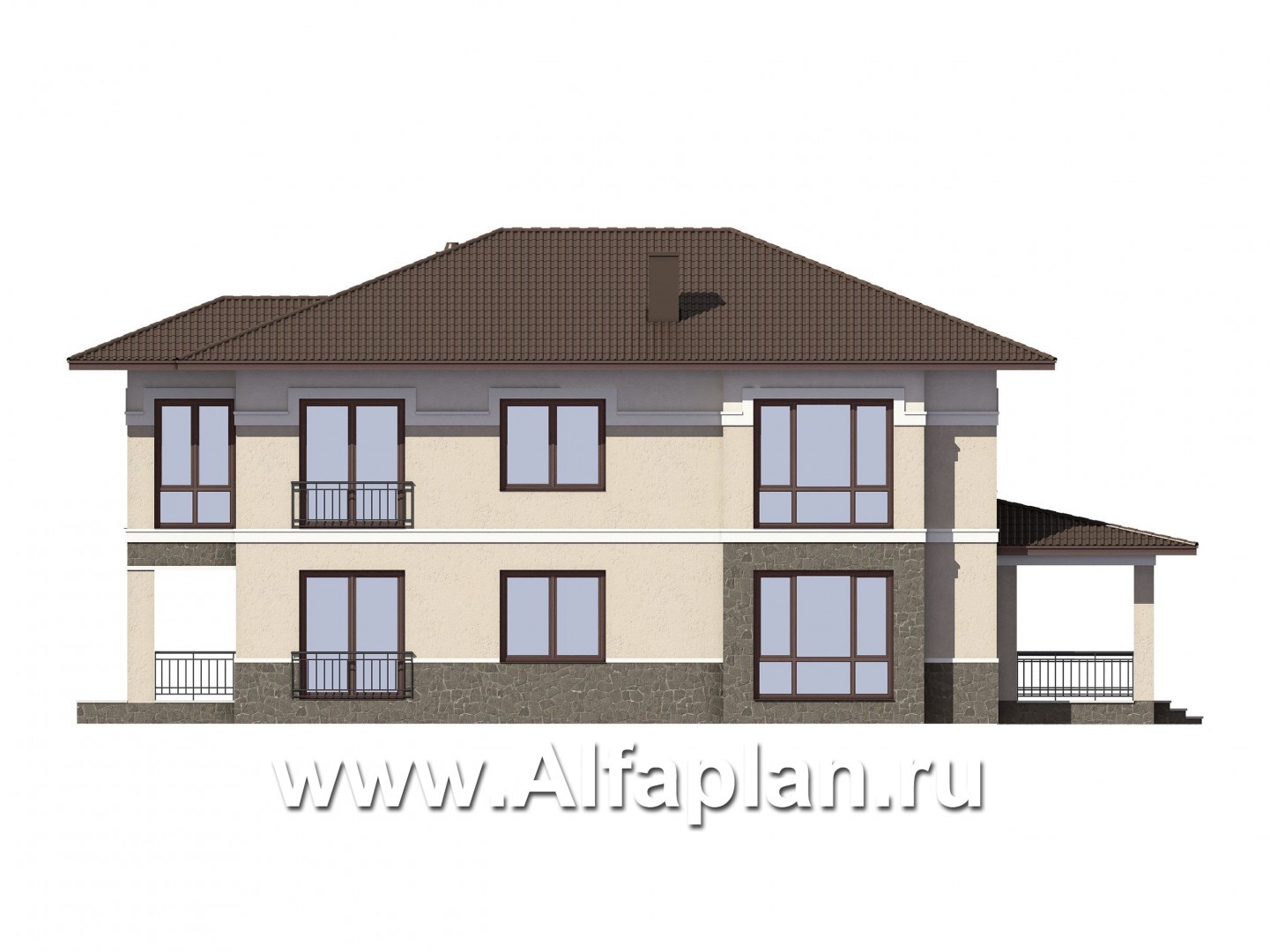 Проект двухэтажного дома из газобетона, планировка с гостевой и спальней на 1 эт, с террасой, в современном стиле - фасад дома