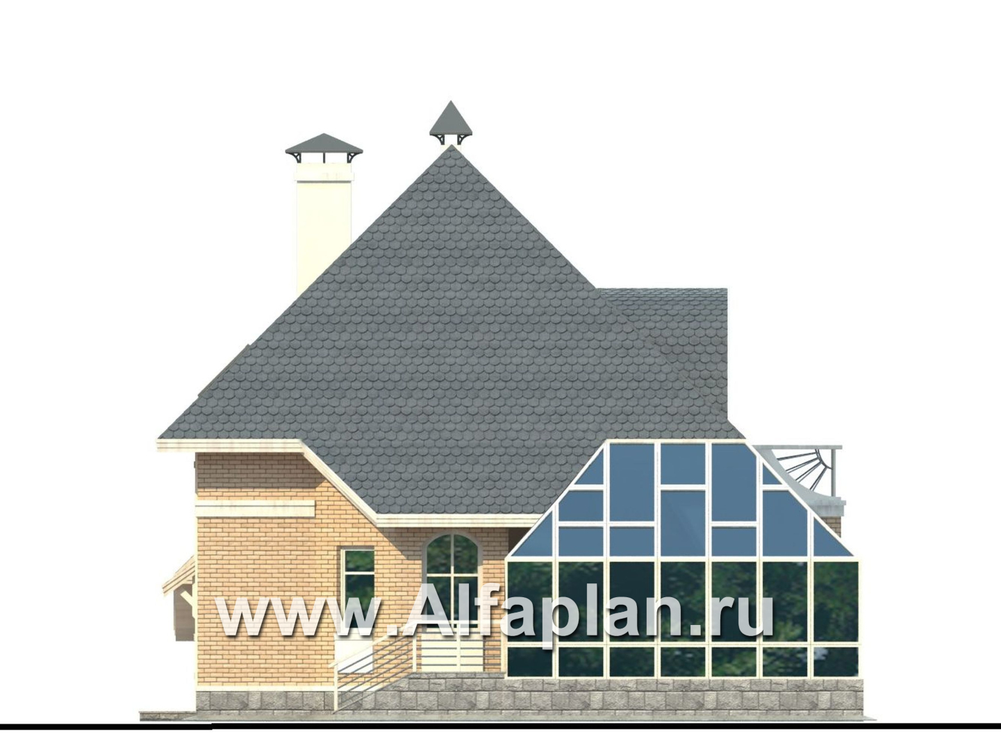 «Кристалл» - проект дома с мансардой из газобетона, планировка дома с зимним садом - фасад дома
